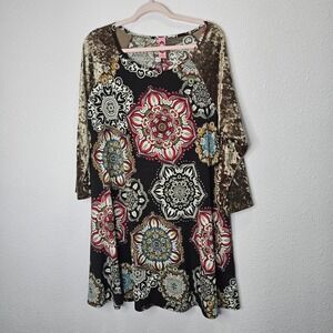 Honeyme Curvy Shirt Dress XL Velvet‎ Raglan Sleeve Boho Brown Multicolor Mandala